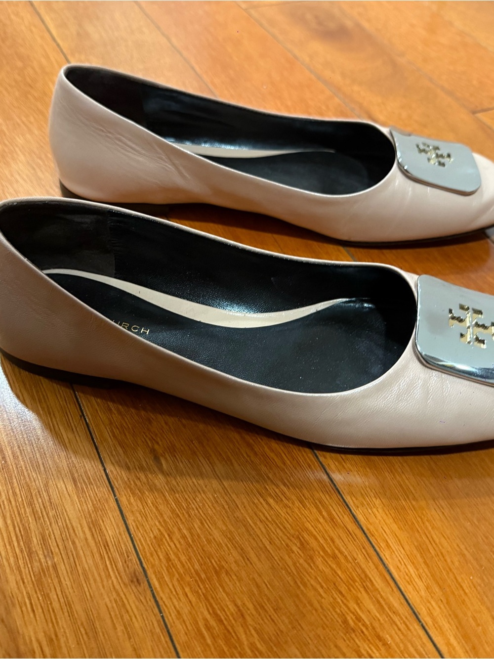 Tory Burch Blush Leather Square-Toe Logo Block Heels